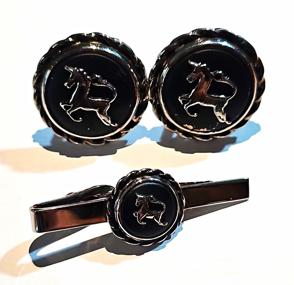 Vintage Men's Silver Tone Black Unicorn Cufflinks & Tie Bar Clip Set As Is